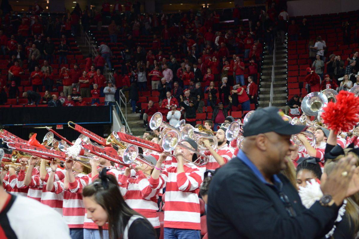 The NCSU Pep Band celebrates after the narrow win against Boston College Wednesday night, March 2, 2016. The Wolfpack finished the last home game of the season in PNC Arena 73 to 72 in a game that had hearts racing until the final seconds.