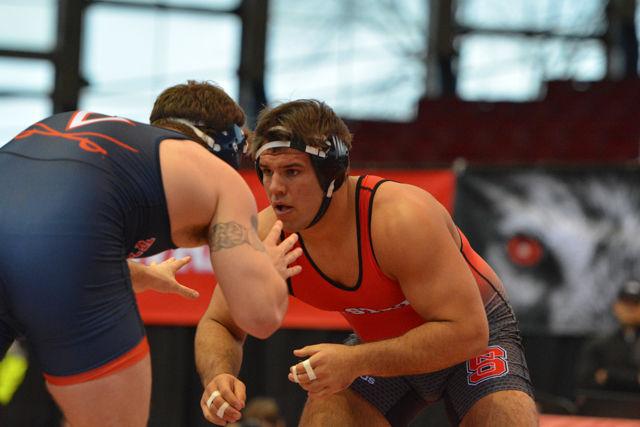 Reshirt senior Nick Gwiazdowski, ranked No. 1 nationally, wrestles his opponent in the Wolfpack's meet against No. 17 Virginia on Jan. 17. The 285-pound Gwiazdowski won his bout 19-3 on a technical fall and helped the Wolfpack to a 35-7 win over Virginia at Dorton Arena.