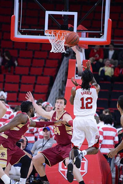 Junior guard Anthony "Cat" Barber attempts to score at the beginning of the first half of the basketball game against Boston College at PNC Arena March 2. Abdul-Malik rebounds and dunks the ball for the first two points in the first 11 seconds.