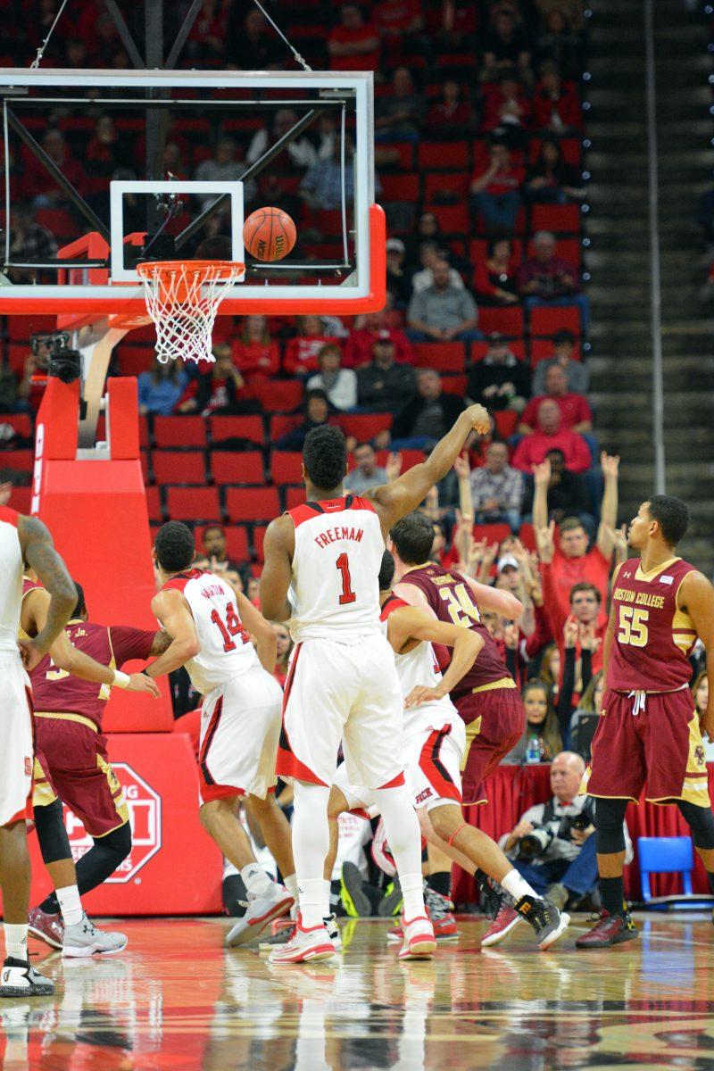 Lennard Freeman, a junior forward, attempts a freethrow during the game against Boston College Wednesday night, March 2, 2016 in PNC Arena. Freeman went 0 for 1 in freethrows in the last home game of the season.