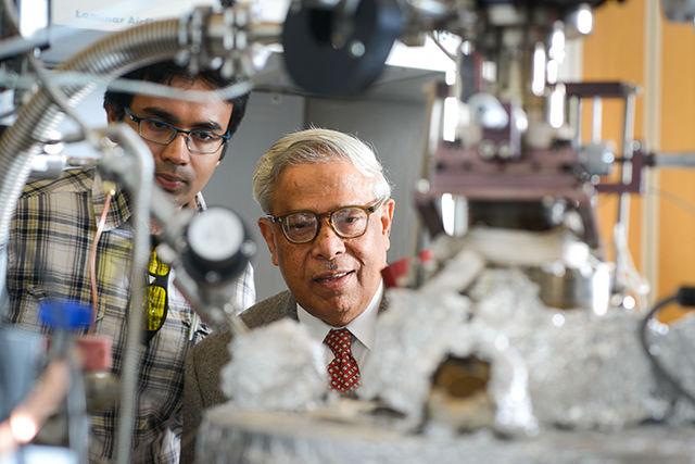 Jagdish Narayan, research leader and John C. C. Fan distinguished chair professor in the Department of Materials Science and Engineering, works with graduate students in his lab in Engineering Building I. Narayan is among one of the researchers at NC State who discovered the Q-carbon, the newest, most solid phase of carbon, which has promising applications, according to Narayan.&#160;