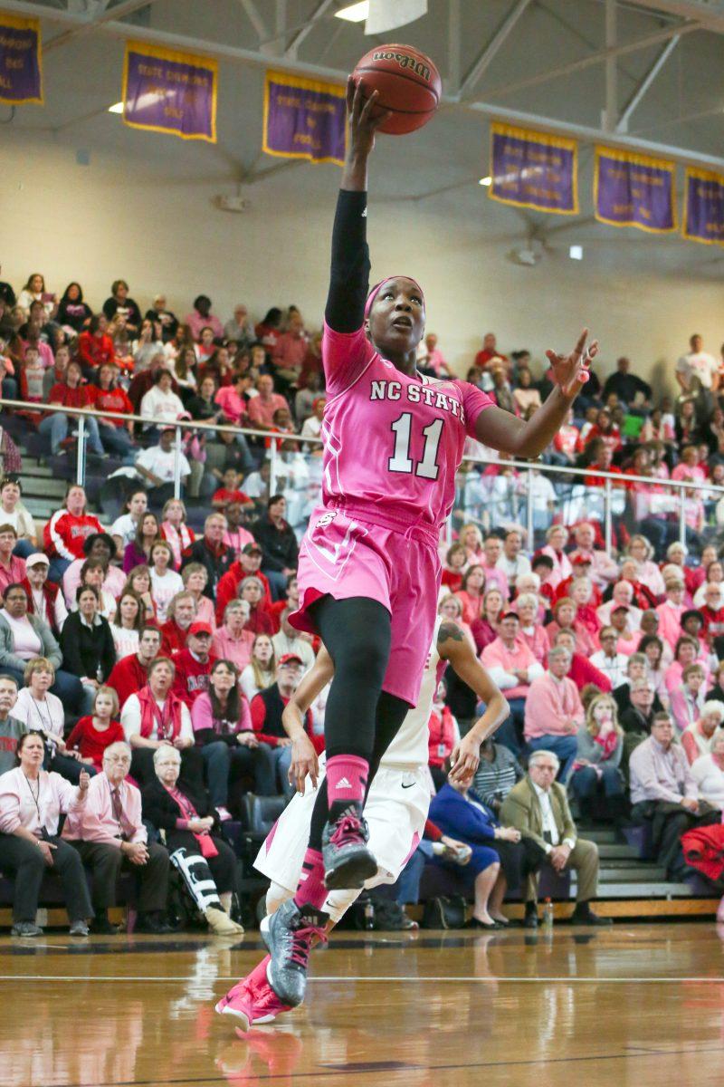 Junior forward Jennifer Mathurin goes up for one of many layups. Mathurin ended the day with a double-double during the Hoops 4 Hope game Feb. 14 in Holliday Gymnasium at Broughton High School. The Wolfpack put up a tough fight against No. 22 Syracuse, but were unable to come out victorious losing 55-52.