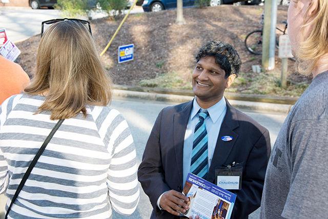 Jay Chaudhuri, a Democratic candidate for N.C. Senate District 16, talks to voters March 15, 2016 as part of the N.C. General Primary. "Students play a huge role in shaping District 16," Chaudhuri said. "I've had some incredible conversations with students this afternoon."
