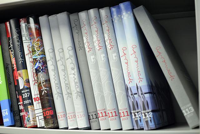 Editions of the past years' Agromecks, N.C. State's Official Yearbook, sit on a shelve in Witherspoon 318 on March 14th 2016. The Agromeck is N.C. State's oldest and most award winning publication.