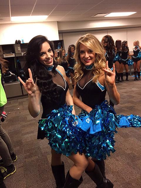 Chandalae Lanuoette poses with Emily Hines, an NC State cheerleader from 2010-2012 in the locker room at Super Bowl 50 in San Francisco.&#160;