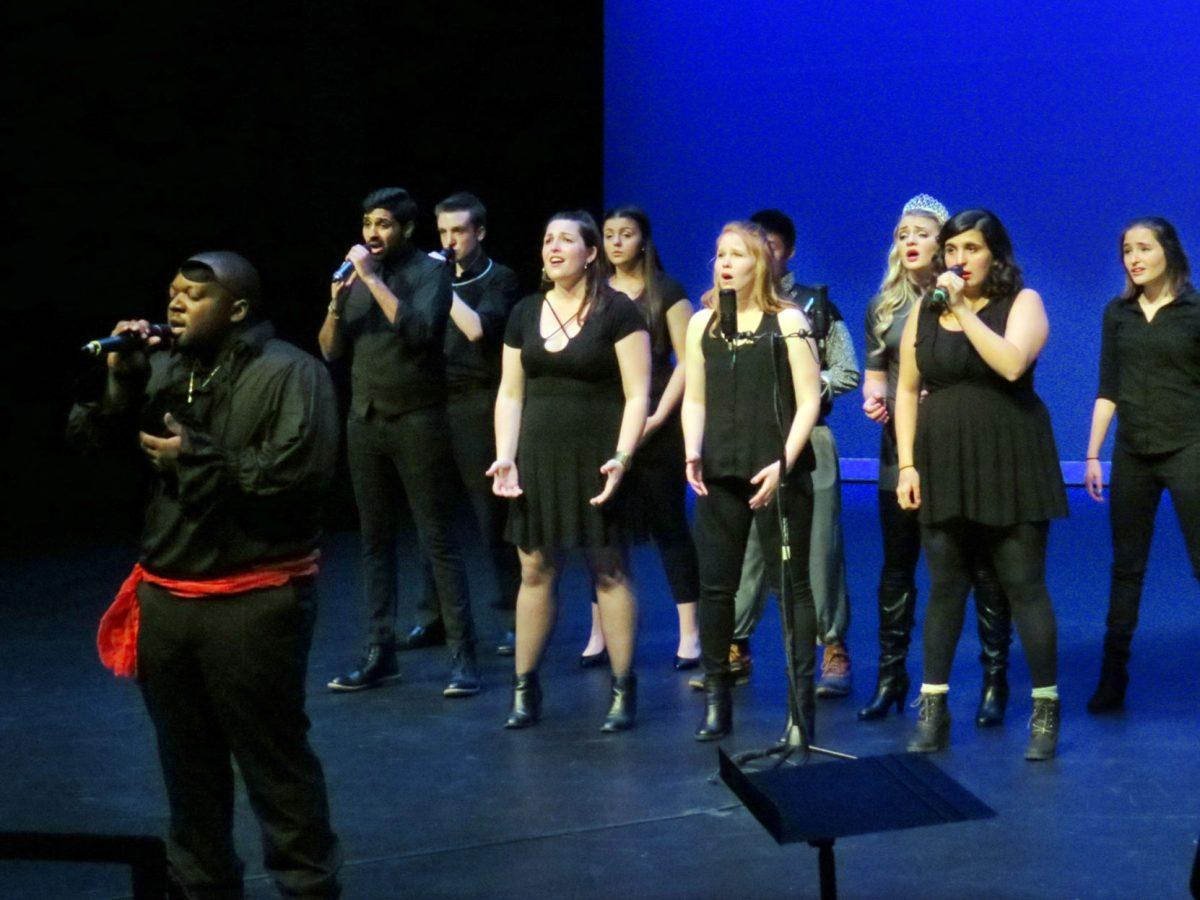 Colorado Pratt, a senior studying psychology and a member of Acappology since the Fall of 2013, singing a solo portion of "Latch" by Sam Smith backed up by the rest of the group who made up the instrumentals. Pratt, in his goodbye performance, was later asked to do an impromptu cover of a Justin Timberlake song.