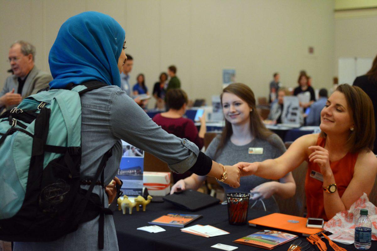 Zahra Asadi, a sophomore studying in biochemistry, is talking to a representative from Campbell pharmacy school. The Talley Student Union hosted a Health Fair on Thursday, March 30, 2016 so that students could gain more insight and information into different healthcare professions. The fair started on Monday, March 28 and runs until Friday, April 1. Different North Carolina universities are being represented on different days and the schedule can be found NCSU&#8217;s Health Professions Advising webpage.