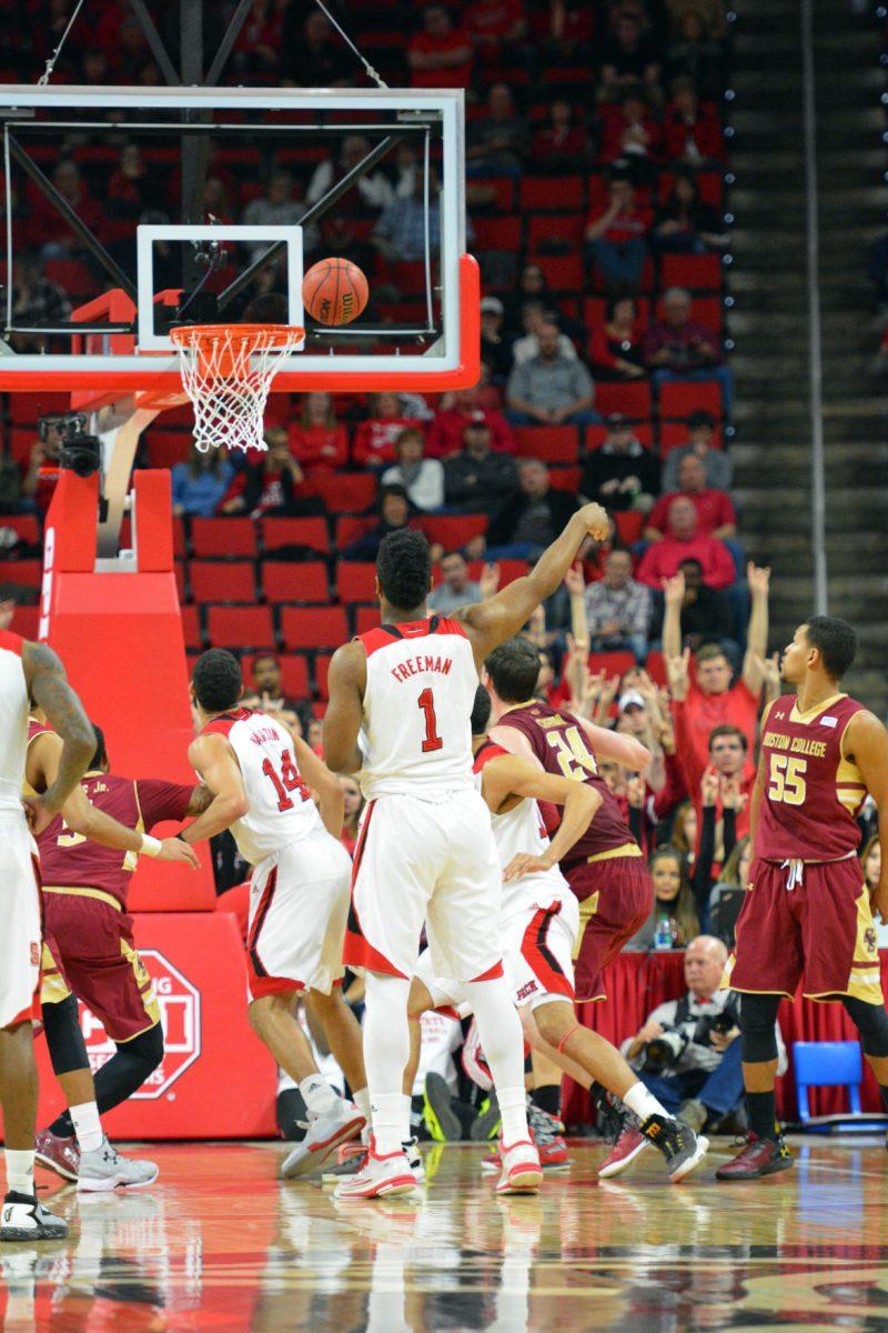 Lennard Freeman, a junior forward, attempts a freethrow during the game against Boston College Wednesday night, March 2, 2016 in PNC Arena. Freeman went 0 for 1 in freethrows in the last home game of the season.
