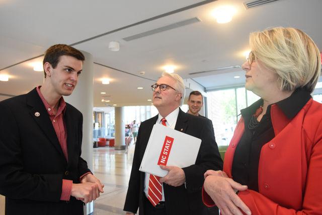 Paul Nolan, a senior studying material science and engineering and Student Body President, greets Maragaret Spellings, former secretary of education and current President of the University of North Carolina School System during her tour of North Carolina State University on April 20, 2016.