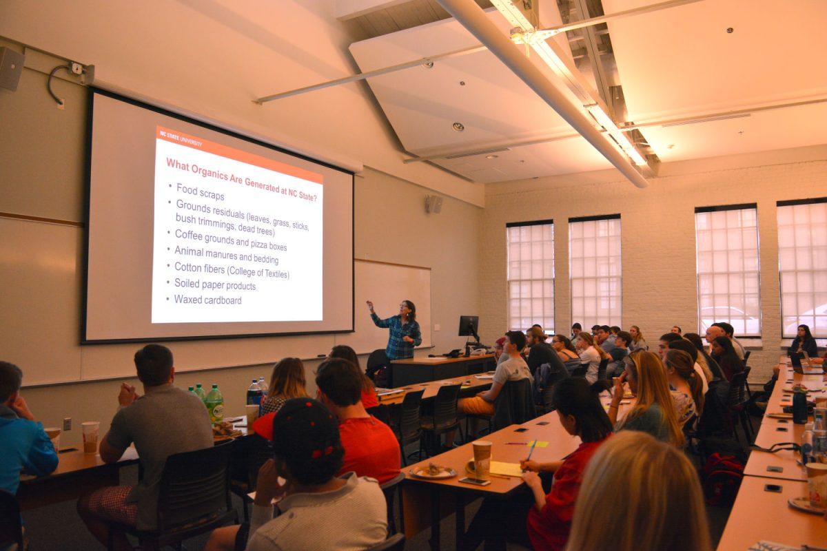 Rhonda Sherman speaks at the event "Compost is the S#%T" in Park Shops on Wednesday Apr. 13, 2016. This interactive presentation introduced students to ways of becoming more involved with composting on campus. NC State composts several different ways such as food scraps from the dining hall and cotton fibers from the College of Textiles.
