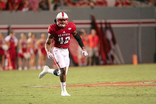 M.J. Salahuddin chases after the ballcarrier during a game for the Wolfpack. Salahuddin suffered a career ending knee injury before NC State&#8217;s final game of the 2015-16 season. The Wolfpack fell to Mississippi State in the Belk Bowl Dec. 31. &#160; &#160;&#160;