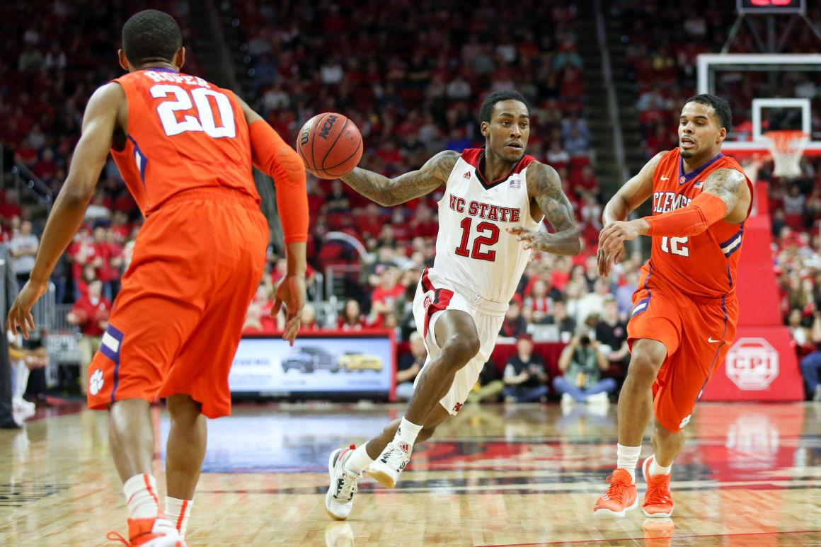 Junior guard Anthony "Cat" Barber drives towards the basket for a tough layup in the first half of the game versus Clemson. Barber finished with eight points on 1 of 12 shooting, including five assists and three rebounds. The NC State Wolfpack beat the Clemson Tigers in a close one, 77-74, at PNC Arena on February 20, 2016.