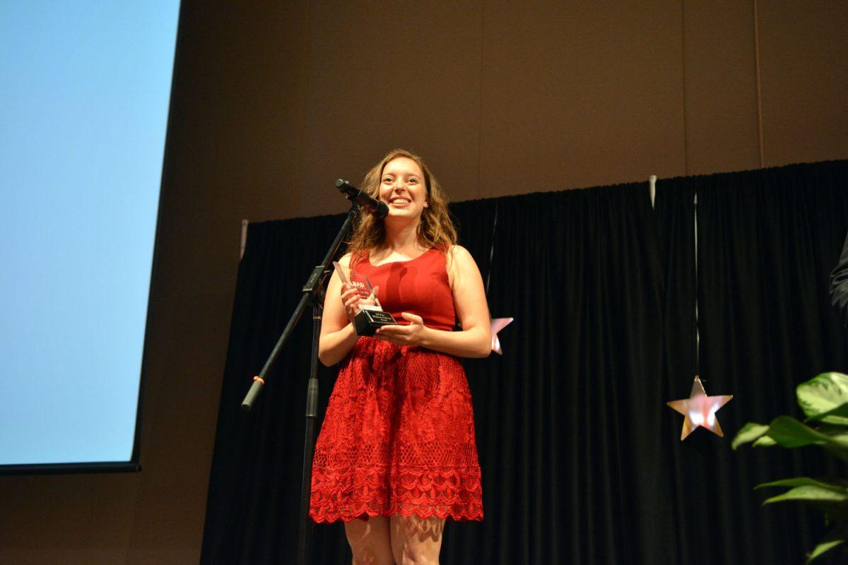 Emma Cathell, a senior studying Spanish language and literature, received the Model The Way Award at the LEAD Awards event Monday evening, April 18, 2016 in the State Ballroom of Talley Student Union. The LEAD Awards recognized graduating seniors and organizations on campus that have had an impact both on campus and in the community.