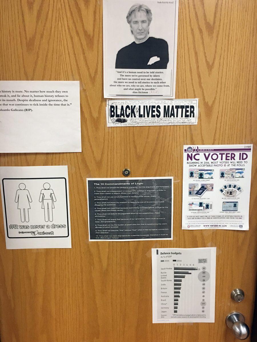 Visible on the door to Professor of Public and International Affairs Jesse Crane-Seeber&#8217;s office in Winston Hall are several political cartoons, a breakdown of U.S military spending and a Black Lives Matter sticker. On the sticker, several different people have scribbled opinions of the movement.&#160;