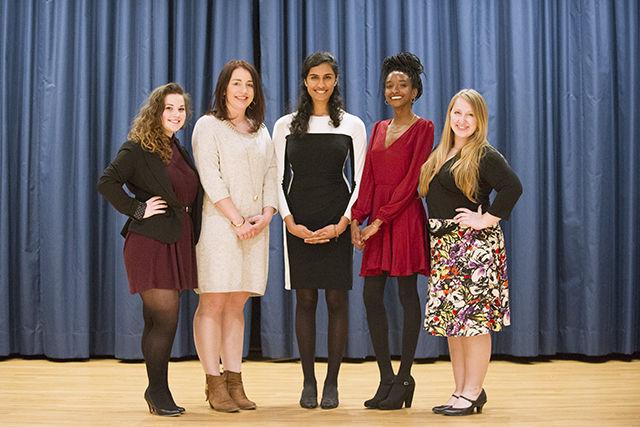 WomenNC fellows Olivia Horton, Laura Douglass, Maya Krishnan, Leah Ford and Madelaine Katz pose for a photo at a WomenNC event in February. As WomenNC fellows for the 2015-16 school year, the five women from universities in the Triangle attended the Commission on the Status of Women at the United Nations Headquarters in New York City. Krishnan is a senior at NC State studying business administration and international studies. The WomenNC fellows will reflect on their fellowship at a symposium at Duke University Thursday evening.&#160;