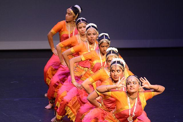 Members of the North Carolina State University Thandav dance team perform as an exhibition act in Oak City Revolution, a Bollywood Fusion dance competition held in Stewart Theatre at Talley Student Union on Saturday, April 2nd.