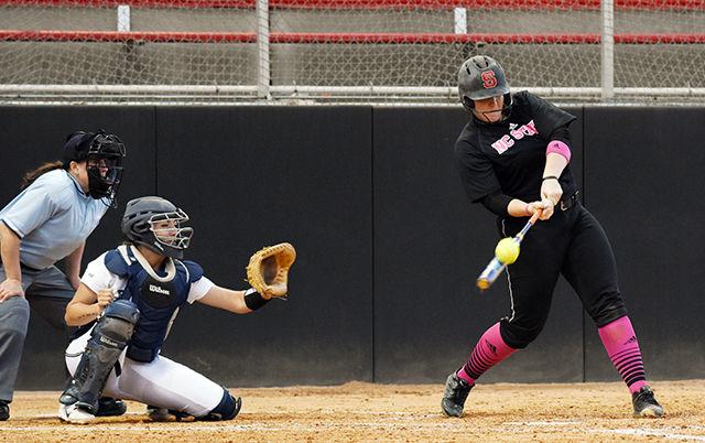 Senior second baseman Maggie Hawkins crushes the ball during the Wolfpack's second game of a double header against Pittsburgh on April 2. Hawkins posted one hit and one RBI in three at bats in the 2-1 loss at Dail Stadium.
