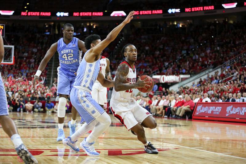 Junior guard Anthony 'Cat' Barber drives to the hoop and scores a layup in the first half. Barber finished the first half shooting 7 of 15 from the field, with three rebounds and one steal. NC State trailed UNC-Chapel Hill 38-33 at halftime at PNC Arena on Feb. 24.