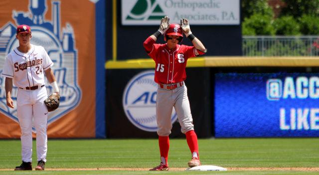 Sophomore centerfielder Josh McLain stands on second base during the first round ACC Baseball Tournament game at Durham Bulls Athletic Park on May 25. Mclain went 2 for 4 and scored a run. The Wolfpack lost the game to the Florida State Seminoles 7-3.