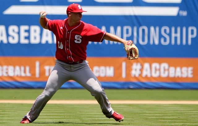 Redshirt freshman pitcher Austin Staley makes a throw to first base during the first round ACC Baseball Tournament game at Durham Bulls Athletic Park on May 25. Staley threw just 3 pitches in relief of Cody Wilder. The wolfpack lost to Florida State 7-3.