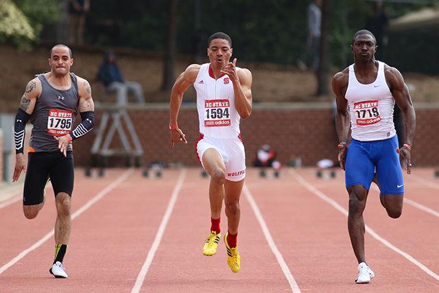 Sophomore sprinter Quashawn Cunningham edges by his competitors to take the win in the 100m dash during the 2016 Raleigh Relays at Derr Track on March 26. Cunningham won the event with a final time of 10.38s, .05s ahead of the second place finisher.