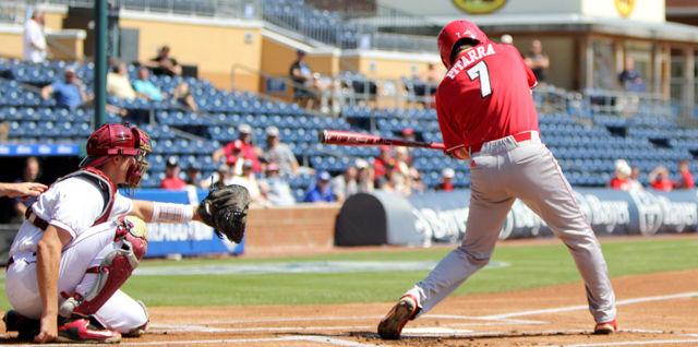 Sophomore infielder Stephen Pitarra swings at a pitch during the first round ACC Baseball Tournament game at Durham Bulls Athletic Park on May 25. Pitarra went 0 for 4 on the night. The wolfpack lost to Florida State 7-3.