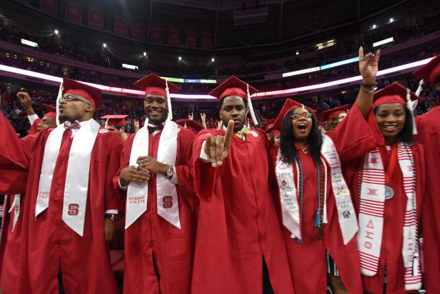 Students rejoice as the final moments of commencement take place during May 7, 2016 in PNC Arena during the 2016 spring commencement. During the 2016 spring commencement 5,596 undergraduate degrees were awarded. The commencement also featured an address from Adm. Michelle Howard, the Navy's first female four-star admiral, a musical interlude by the Ladies in Red and a student address by Tatiana DeBerry, a graduating senior in criminology.