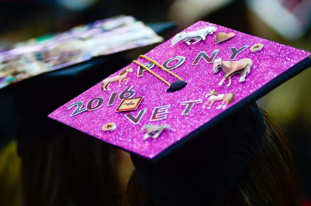 A "Pony Vet"decorated cap sits on a graduate&#8217;s head on May 7, 2016 in PNC Arena during the 2016 Commencement Ceremony.