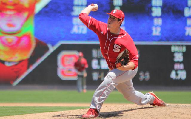 Junior pitcher Cory Wilder delivers a pitch during the first round ACC Baseball Tournament game at Durham Bulls Athletic Park on May 25. Wilder had a two run lead when he left the game in the 6th inning. The wolfpack lost to Florida State 7-3.