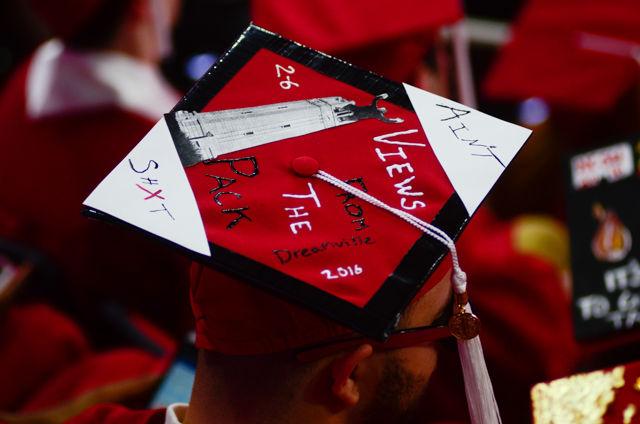 A "Views" inspired decorated cap sits on a graduate&#8217;s head on May 7, 2016 in PNC Arena during the 2016 Commencement Ceremony.