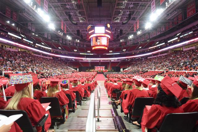 Students fill the rows of seats in PNC Arena on May 7, 2016 during the 2016 spring commencement. During the 2016 spring commencement 5,596 undergraduate degrees were awarded. The commencement also featured an address from Adm. Michelle Howard, the Navy's first female four-star admiral, a musical interlude by the Ladies in Red and a student address by Tatiana DeBerry, a graduating senior in criminology.