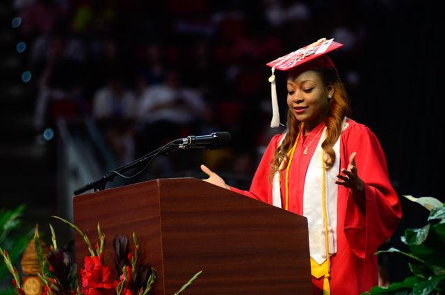 Tatiana DeBerry, a graduating senior in criminology, gives the student address on May 7, 2016 in PNC Arena during the 2016 spring commencement. During the 2016 spring commencement 5,596 undergraduate degrees were awarded. The commencement also featured an address from Adm. Michelle Howard, the Navy's first female four-star admiral, and a musical interlude by the Ladies in Red. DeBerry spoke about the principles behind the words inexorable, acclimate and acumen.