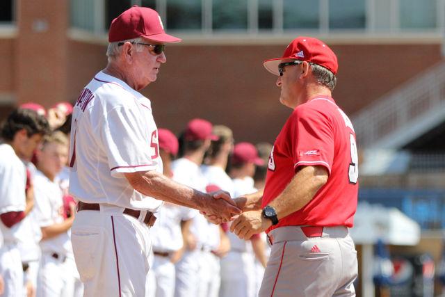 Head coach Elliott Avent shakes hands with Florida State head coach Mike Martin before the first round ACC Baseball Tournament game at Durham Bulls Athletic Park on May 25. The Wolfpack led the game through the first 5 and a half innings.