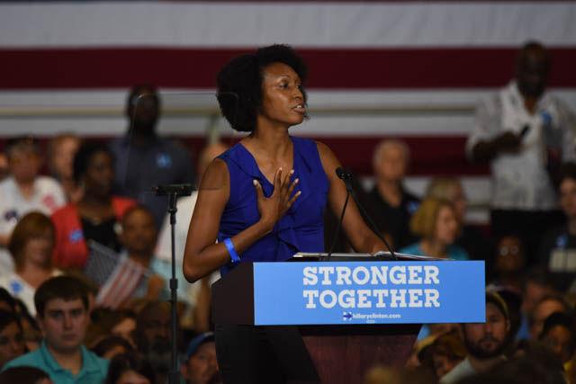 Alicia Wilkerson, a Durham public school teacher, gives the introduction to presidential candidate Hillary Clinton during a rally held in North Carolina State Fairgrounds Exposition Center on Wednesday June 22.