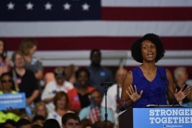 Alicia Wilkerson, a Durham public school teacher, gives the introduction to presidential candidate Hillary Clinton during a rally held in North Carolina State Fairgrounds Exposition Center on Wednesday June 22.