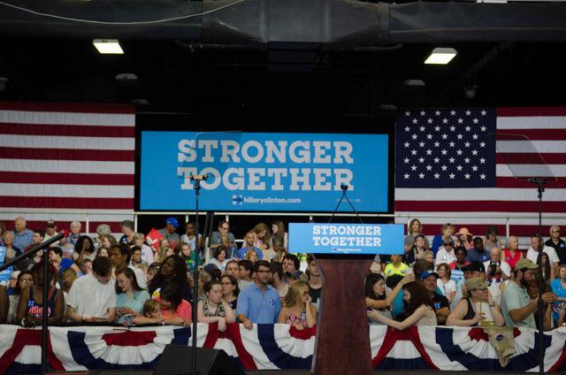 Rally attendees gather in the North Carolina State Fairgrounds Exposition Center for presidential candidate Hillary Clinton on Wednesday June 22. The rally featured several guest speakers including former North Carolina Gov. James Hunt and current District 4 Wake County Commissioner Caroline Sullivan.