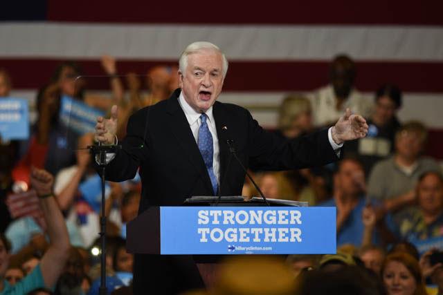 James Hunt, former North Carolina governor, speaks during a rally supporting presidential candidate Hillary Clinton in the North Carolina State Fairgrounds Exposition Center on Wednesday June 22.