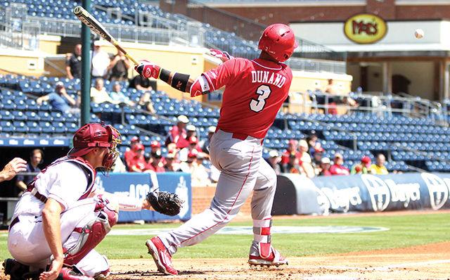 Sophomore infielder Joe Dunand gets a hit during the first game of the ACC Baseball Championship at Durham Bulls Athletic Park May 25. Dunand had one hit in three at bats. The Wolfpack lost to Florida State 7-3.