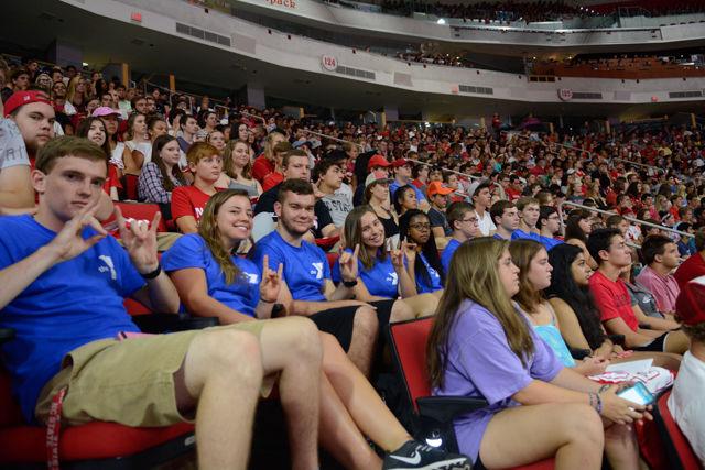 On Aug. 15, 2016, first year students of the living and learning village, EcoVillage, wear blue shirts to show they participated in a summer service project in the Black Mountains, NC. The group was recognized for their service after the guest speaker Bryan Stevenson at Convocation.