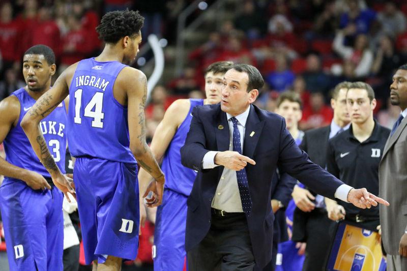 Duke coach Mike Krzyzewski points a ref over to him in the second half. NC State lost to the Duke Blue Devils 88-78 at PNC Arena on January 23, 2015.