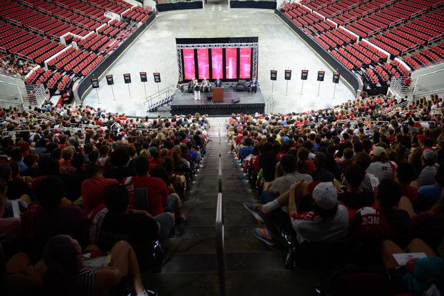 Bryan Stevenson, author of the NC State summer reading book, "Just Mercy: A Story of Justice and Redemption," retells stories of being a young lawyer in the criminal justice system at Convocation on Aug. 15, 2016. Stevenson encouraged students to get closer to the communities that need aid and change the narrative of the injustices in the world.