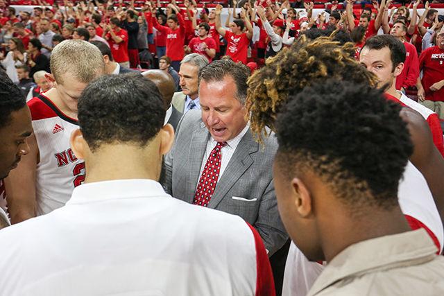 Head coach Mark Gottfried talks to the team before the 79-56 win against Indiana University&#8212;Purdue University Indianapolis in PNC Arena on Nov. 18.
