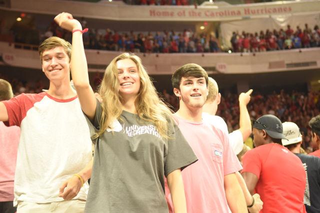 Sarah Smith, a freshman studying zoology, dances to "Jump On It" by Sugarhill Gang Apache. She and other freshman attended Convocation at PNC Arena on August 15, 2016.