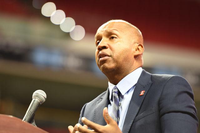 Bryan Stevenson discusses his book "Just Mercy: A Story of Justice and Redemption" for the class of 2020 Convocation on August 15, 2016 at PNC Arena. "Just Mercy" was assigned as the common reading for the incoming freshman class.