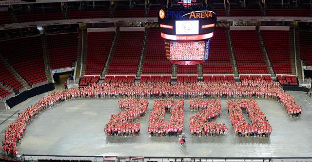 Freshmen gather at Convocation on Aug. 15, 2016 in PNC to form their graduating year. Students are wearing their class shirts given to them at the event.