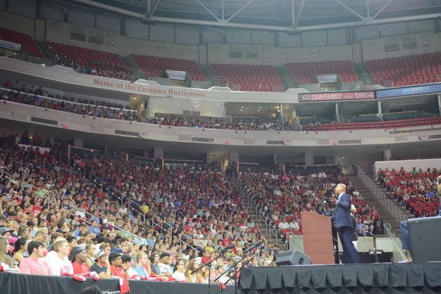 Bryan Stevenson, author of the NC State summer reading book "Just Mercy: A Story of Justice and Redemption," speaks to first year students about changing the world at Convocation on Aug. 15, 2016 in PNC Arena. Students read the book that Stevenson explains further at the event.