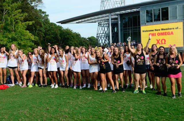 The 2017 intiate class of Chi Omega sorority celebrate as they see their sisters approach them on Bid Day on Stafford Commmons on September 14.