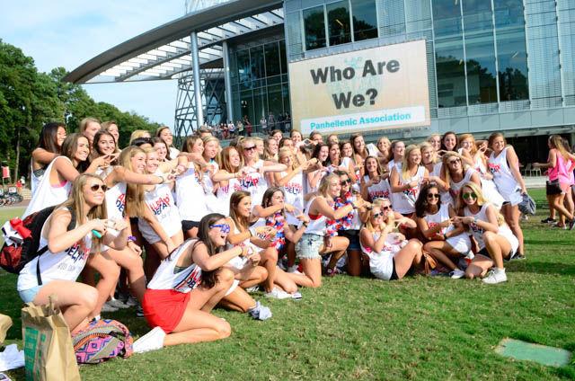 The new intiate class of Alpha Delta Pi pose for a picture after recieving their shirts on Bid Day at Stafford Commmons on September 14.