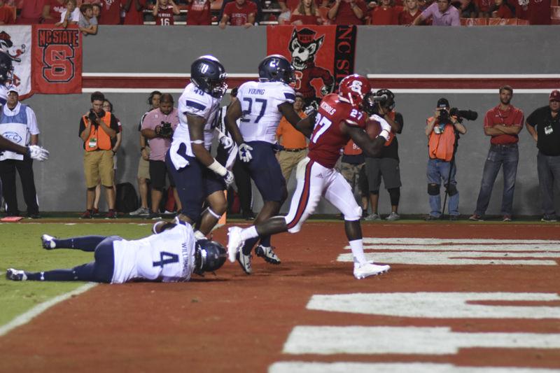 Junior runningback, Dakwa Nichols, runs into the endzone to score a touchdown against Old Dominion at Carter-Finley Stadium on Sept. 17.