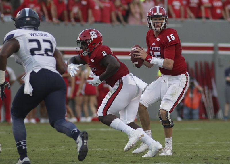 Redshirt sophomore quarterback Ryan Finley looks for an open receiver during the Wolfpack's game against Old Dominion University on Sept. 17, 2016. Finley completed 24 of 28 passes for 281 yards in the Wolfpack's 49-22 win at Carter-Finley Stadium.